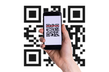 Qr code payment. Hand holding digital mobile smart phone with qr code scanner on smartphone screen for payment pay, scan barcode technology. Online shopping, cashless society technology concept.
