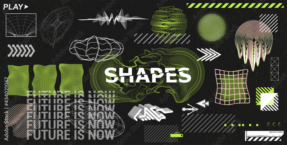 Poster toxic colors and trendy universal shapes with liquid, glitch effects. retrofuturistic abstract forms