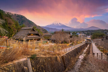 Old Japanese style house and Mt. Fuji  at sunset, Japan