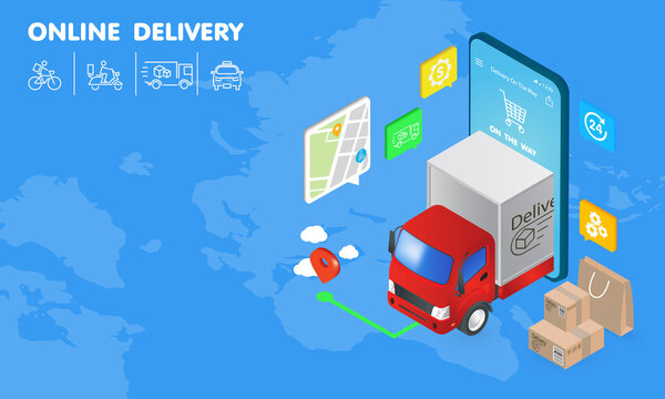 Online Delivery Order Good by Phone and Deliver by Truck Messenger Drive on Green Route to the Destination with Smartphone Show the Status with Bike, 24 hour, Gears and Dollar Icons on World Map
