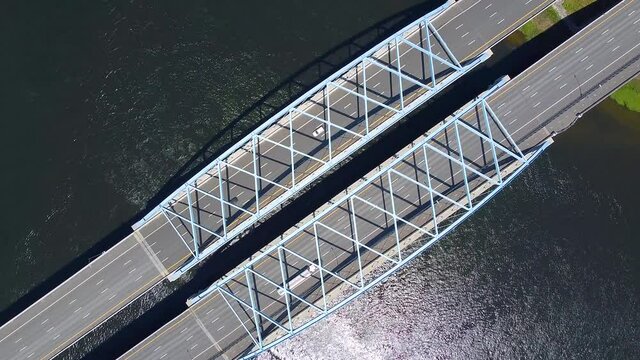 John Greenleaf Whittier Bridge on Merrimack River aerial view in summer between city of Amesbury and Newburyport near river mouth to Atlantic, Massachusetts MA, USA. 