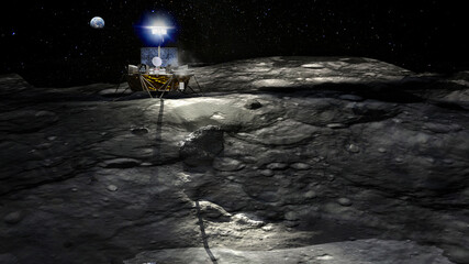 Lunar rover on the moon surface illuminates the craters. Planet Earth visible in the distance....