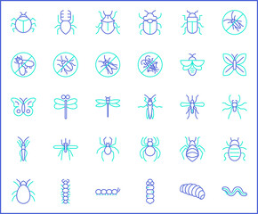 Set of insect and bug Icon line style. Contains such Icons as mosquito, mantis, moth, ant, bug stick, ladybug, mite, natural And Other Elements. customize color, easy resize.