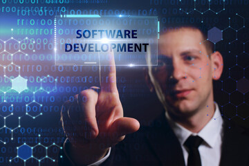Business, Technology, Internet and network concept. Young businessman working on a virtual screen of the future and sees the inscription: Software development