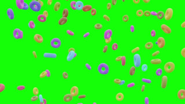 Cheerios Fruit Loops Cereals Falling on Green Screen With Alpha Matte
