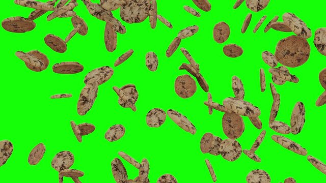 Chocolate Chip Whole Cookies And Halves Falling on Green Screen With Alpha Matte