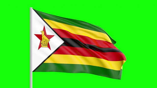 National Flag Of Zimbabwe Waving In The Wind on Green Screen With Alpha Matte