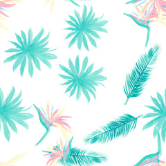 Fototapeta na wymiar Blue Pattern Painting. Azure Seamless Art. White Tropical Leaves. Indigo Flower Hibiscus. Navy Floral Exotic. Wallpaper Art. Decoration Painting.