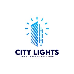 Smart Home Idea logo template, Tech City with light bulb logo designs concept, Real Estate logo Vector Illustration