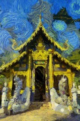 Fototapeta premium Ancient temples, art and architecture in the northern Thai style Illustrations creates an impressionist style of painting.