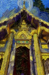 Fototapeta na wymiar Ancient temples, art and architecture in the northern Thai style Illustrations creates an impressionist style of painting.