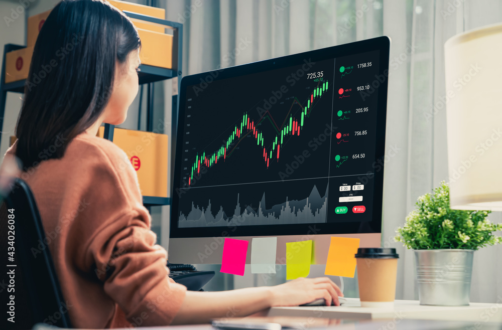 Poster stock exchange market concept, business people trader looking computer with graphs analysis candle l