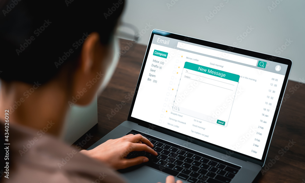 Poster woman using computer on table with new email message on laptop, communication connection message to 