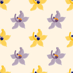 Fototapeta na wymiar Exotic style nature seamless pattern with purple and yellow orchid flowers shapes. Pastel beige background.