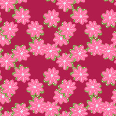 Botanical seamless pattern with random bright pink chamomile flowers ornament. Doodle print.