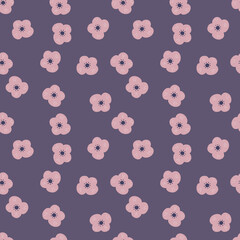 Nature decorative seamless pattern with scandi lilac random flowers shapes. Purple background.