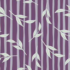 Decorative seamless pattern with hand drawn random nordic twig shapes. Purple striped background. © smth.design