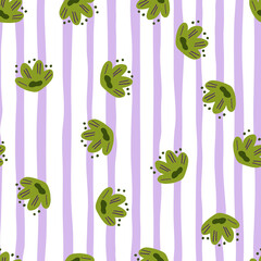 Materiał do szycia Bloom scrapbook seamless pattern with random green doodle flowers print. Purple and white striped background.