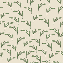 Obraz premium Decorative seamless pattern with little green random leaf branches ornament. Grey background. Simple print.
