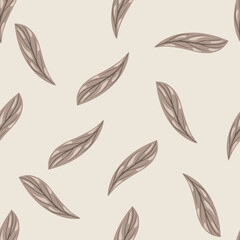 Scrapbook nature seamless pattern with random grey simple doodle leaves shapes. Light background.
