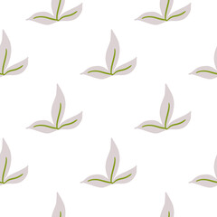 Isolated seamless pattern with simple leaf silhouettes ornament. White background. Doodle style.