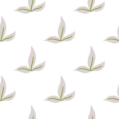 Isolated seamless pattern with simple leaf silhouettes ornament. White background. Doodle style.