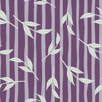 Decorative seamless pattern with hand drawn random nordic twig shapes. Purple striped background.