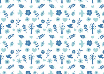 おしゃれかわいい北欧風パターン　花・木・鳥・ハート・葉っぱ　ブルー