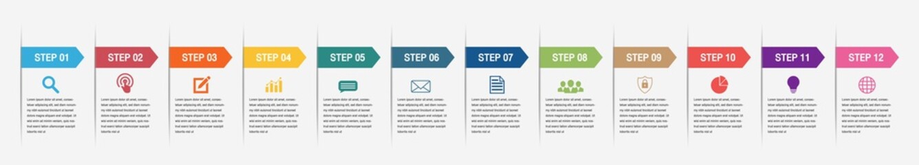 Abstract business infographics template with 12 steps on timeline diagrams.