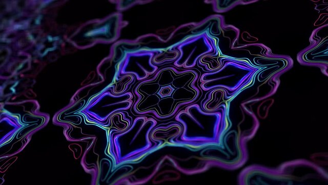 Kaleidoscopic structure with neon flash lights. 4k abstract looped bg with flashing lines pattern like symmetrical radial ornament on plane like light bulbs or garland of lines. Luma matte as alpha.