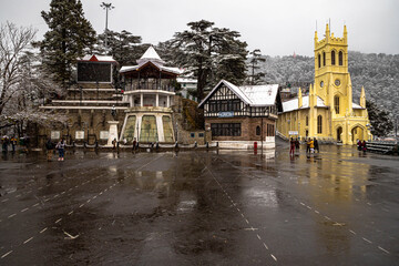 beautiful view of shimla city and mall road after snowfall.