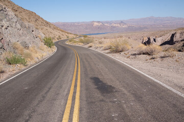 Winding road in the Mojave Desert heading towards the banks of the Colorado River