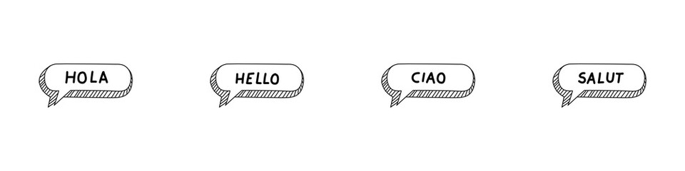 Conjunto de icono de saludo en diferentes idiomas en una nube de idea o pensamiento. Hola traducido al inglés. italiano y francés. Ilustración vectorial © Frank