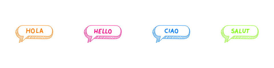 Conjunto de icono de saludo en diferentes idiomas en una nube de idea o pensamiento. Hola traducido al inglés. italiano y francés. Ilustración vectorial © Frank