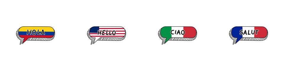 Conjunto de icono de saludo en diferentes idiomas en una nube de idea o pensamiento, bandera. Hola traducido al inglés. italiano y francés. Ilustración vectorial © Frank