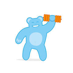 Blue happy teddy bear do exercise with dumbbells. Cartoon character isolated on white. Vector illustration for cards, invitations, posters and prints