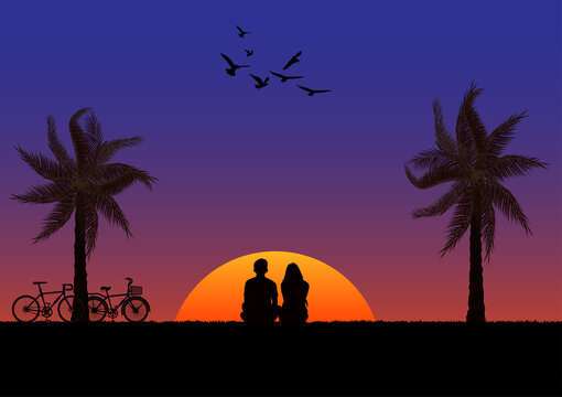 graphics drawing couple boy and girl sit with palm and bike and sunset or sunrise background vector illustration concept romantic