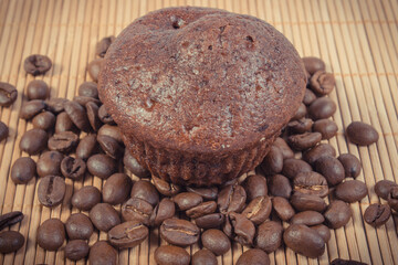 Fresh muffins with chocolate and coffee. Delicious dessert