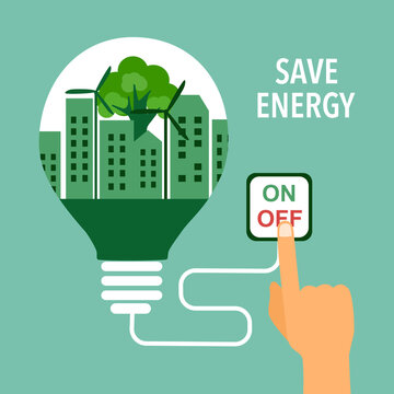 Save energy concept vector illustration on green background. Eco city inside lightbulb with hand turning off switch for energy saving in flat design.