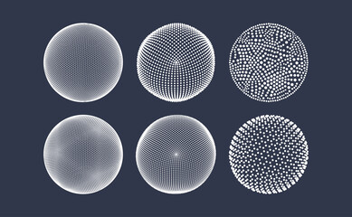 Spheres consisting of points. Global digital connections. Technology concept. Array with dynamic particles. 3D grid design. Vector illustration for science and technology.