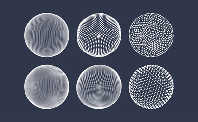 Spheres consisting of points. Global digital connections. Technology concept. Array with dynamic particles. 3D grid design. Vector illustration for science and technology.