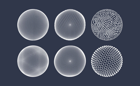 Spheres consisting of points. Global digital connections. Technology concept. Array with dynamic particles. 3D grid design. Vector illustration for science and technology.