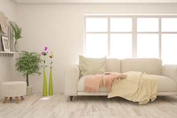 White living room with sofa. Scandinavian interior design. 3D illustration
