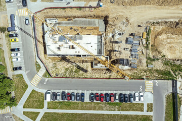 construction of foundation for new apartment building. aerial top view from flying drone