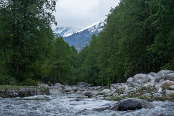 Mountain river against the background of mountains in the forest.