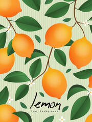 A poster with branches of lemons, leaves and small flowers. Card with lemons. Fruit background.