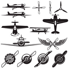 Set of airplanes, propellers. Aviation design elements for logo, label, sign, emblem. Vector illustration © liubov