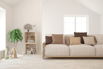 Soft color living room with sofa. Scandinavian interior design. 3D illustration