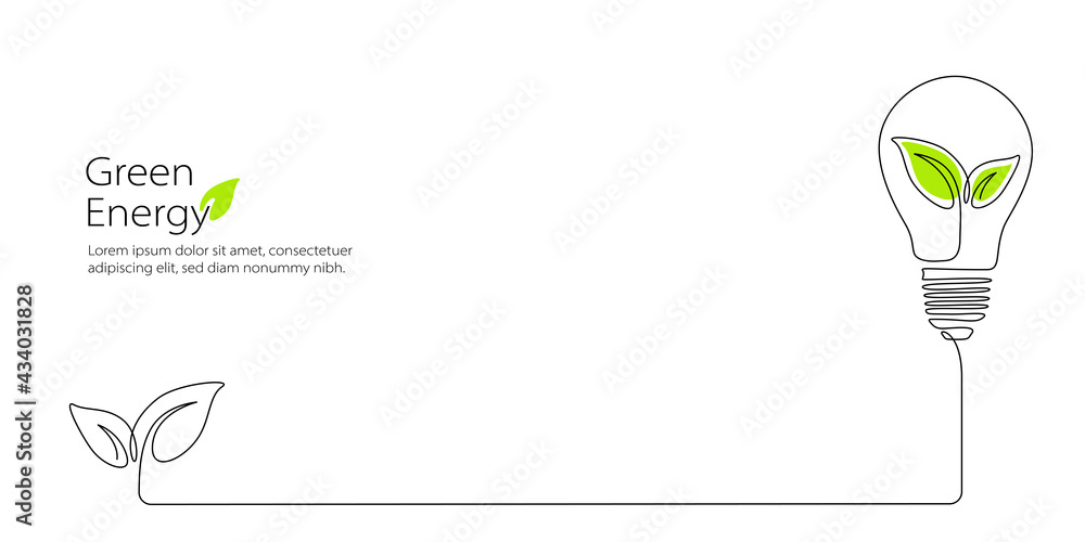 Poster banner with plant inside lightbulb in one line drawing. creative concept of green energy and environ
