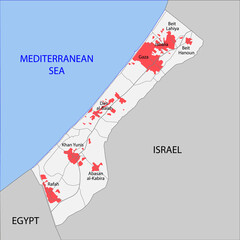 Map of Gaza Strip with roads and cities.